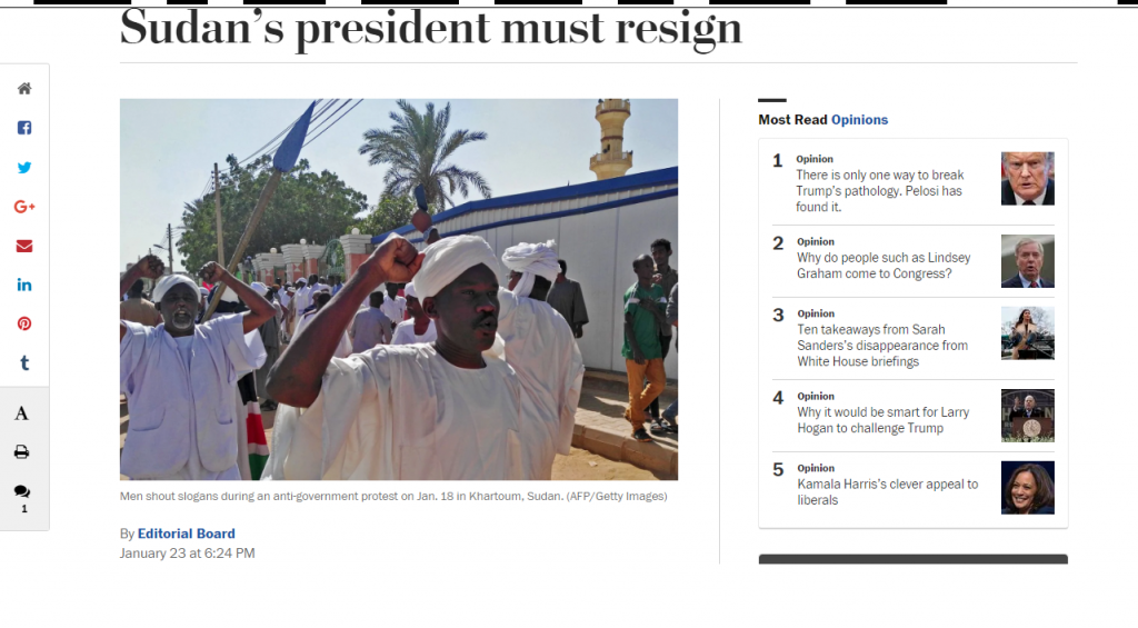 الواشنطن بوست في افتتاحيتها اليوم: رئيس السودان يجب أن يستقيل